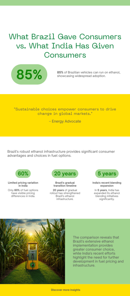 Timeline infographic comparing Brazil's ethanol transition from 1975 to 2003 with India's ethanol blending journey from 2003 to 2025, highlighting major milestones, flex-fuel adoption, and the E20 blending roadmap.