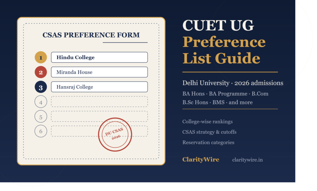 CUET UG preference list ranking card showing DU college order for 2026 admissions — Hindu College, Miranda House, Hansraj