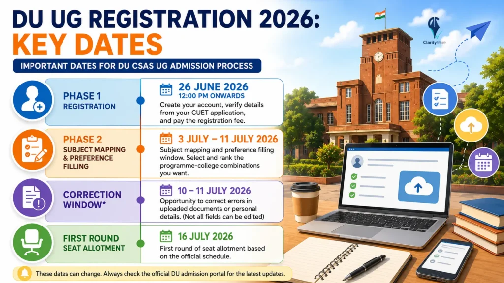 Infographic showing the DU UG Registration 2026 schedule with CSAS Phase 1 registration, Phase 2 subject mapping and preference filling, correction window, and first seat allotment dates.