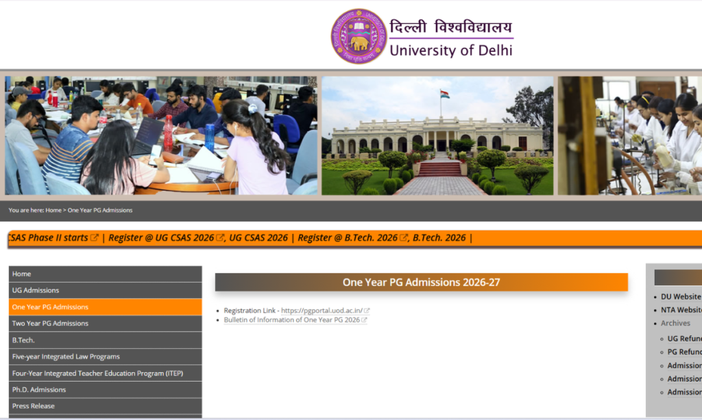 Screenshot of the Delhi University admission portal showing the One-Year Master's (PG) admission notification and registration details for the 2026 academic session.