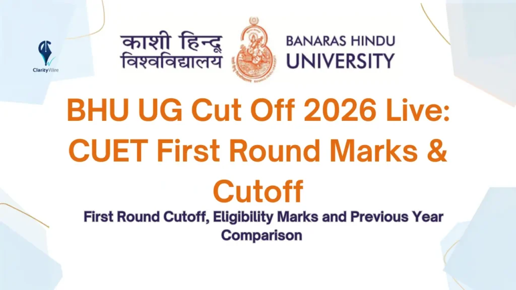 BHU UG Cut Off 2026 Live banner showing Banaras Hindu University logo with CUET UG first round cutoff marks, eligibility scores, and previous year cutoff comparison.