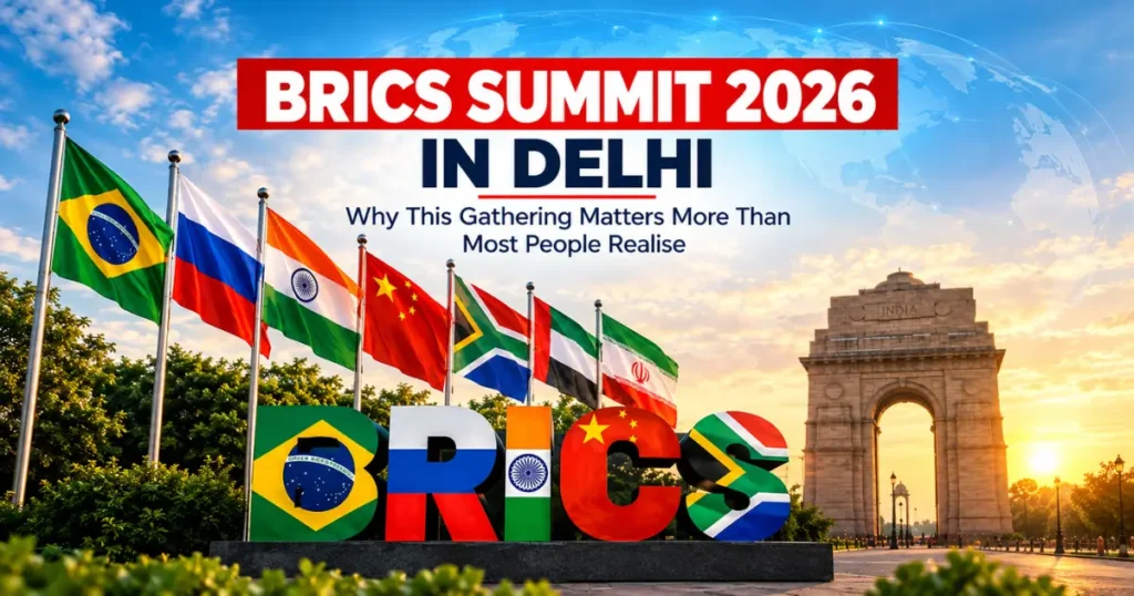 BRICS Summit 2026 Delhi with BRICS countries flags and India Gate in New Delhi